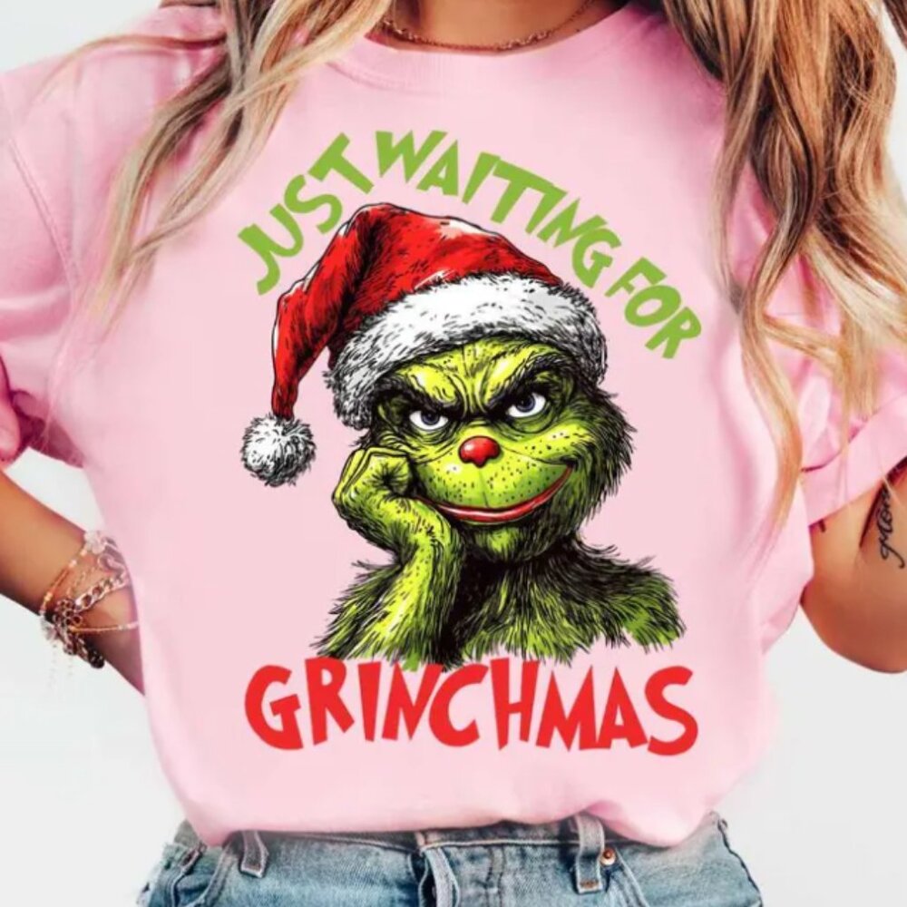 Christmas, Grinch, Just Waiting for Grinchmas T Shirt, Soft Pink Color (New)